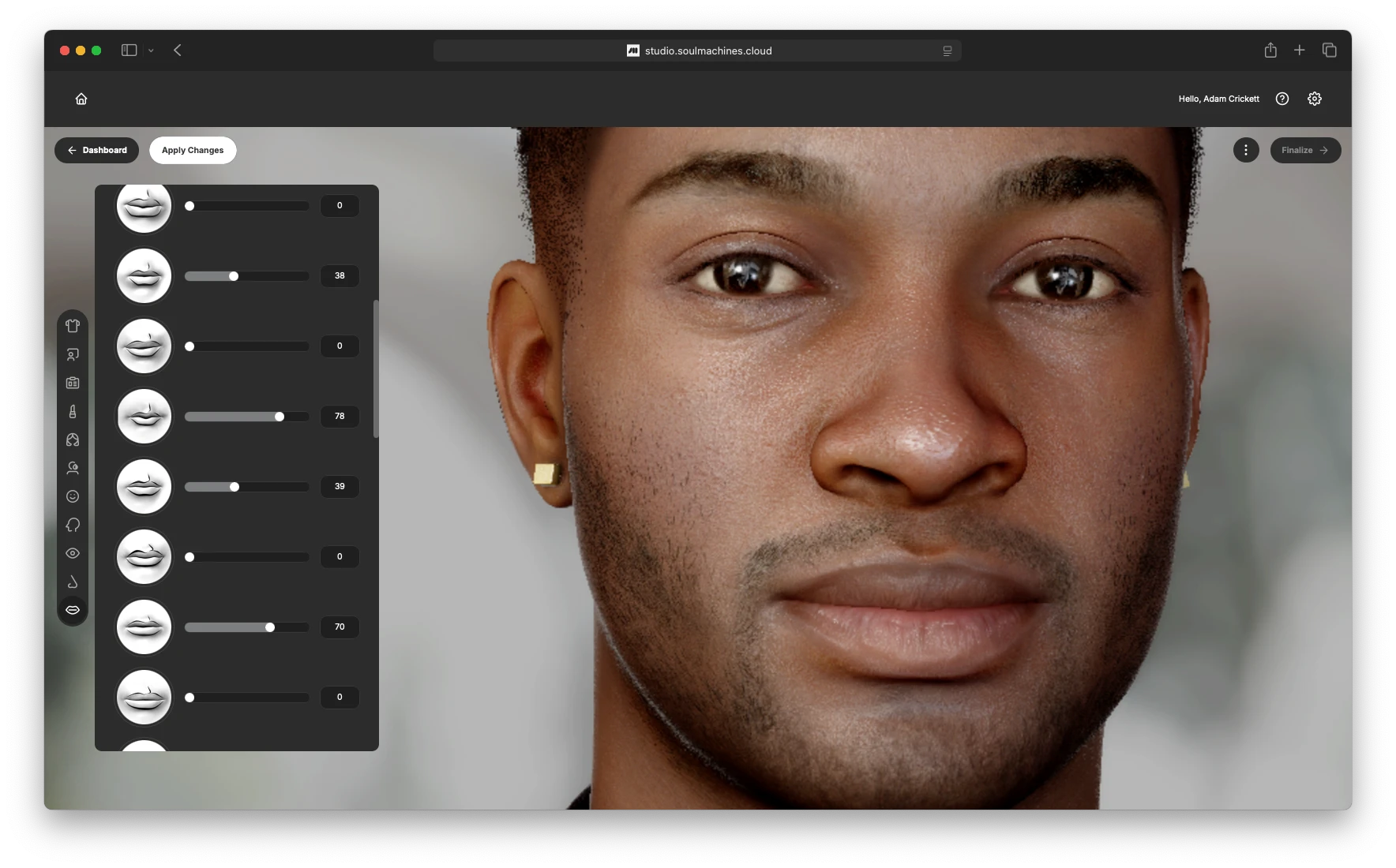 Avatar designer with fine-grained facial sliders sculpting a digital person