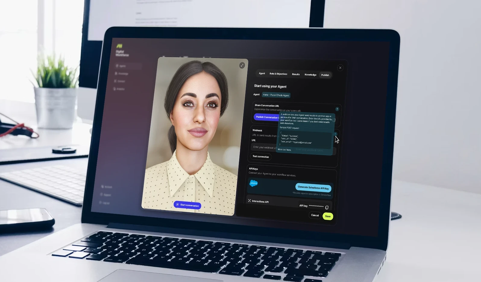 Digital Workforce agent open on a laptop, with publish, webhook, and Salesforce API options
