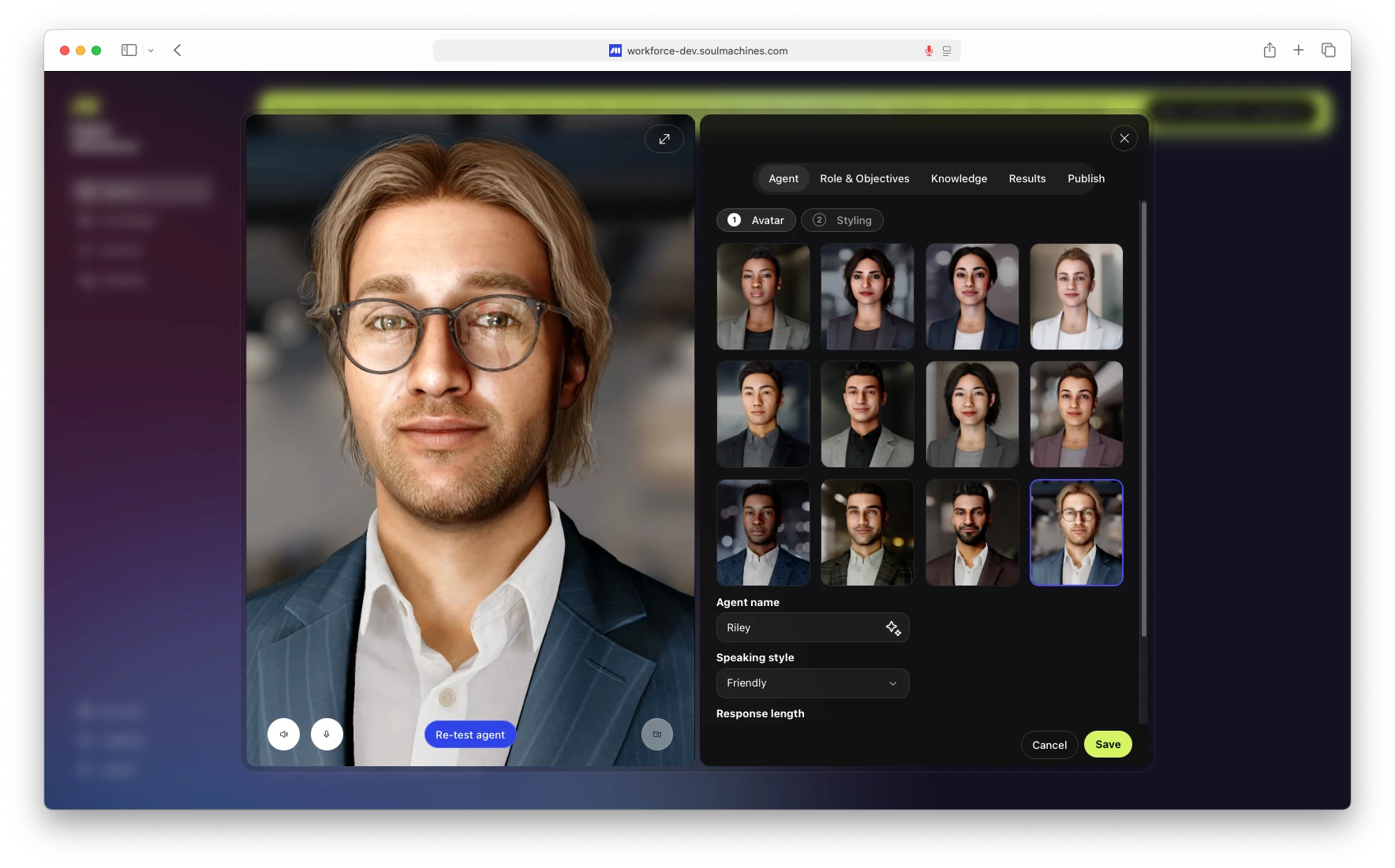 Agent editor with avatar selection and live preview