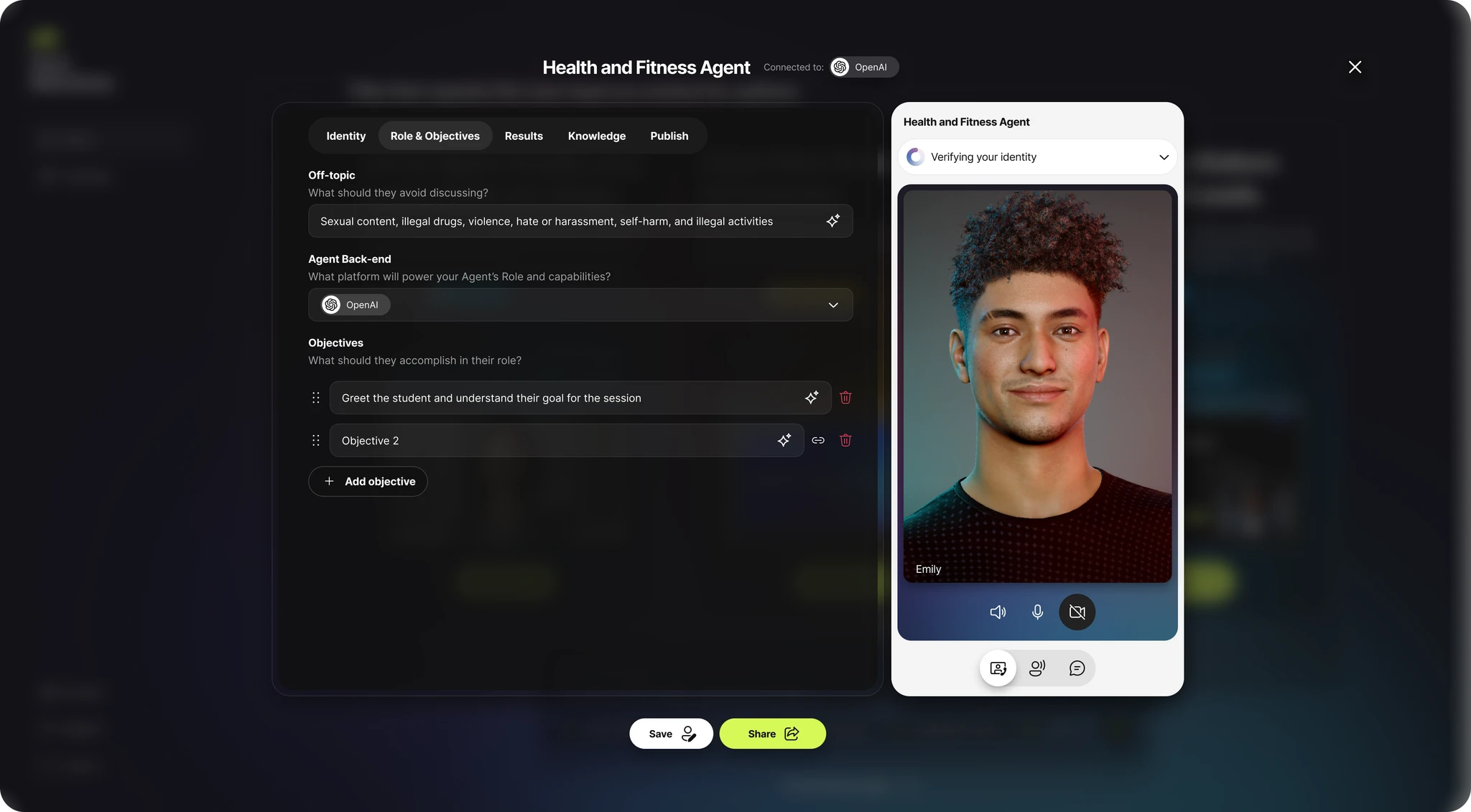 Editing an agent's role, objectives, and back-end model