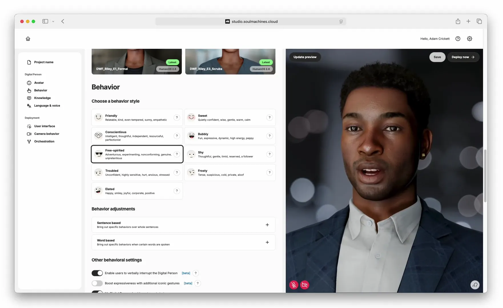 Choosing a behaviour style for a digital person in Studio