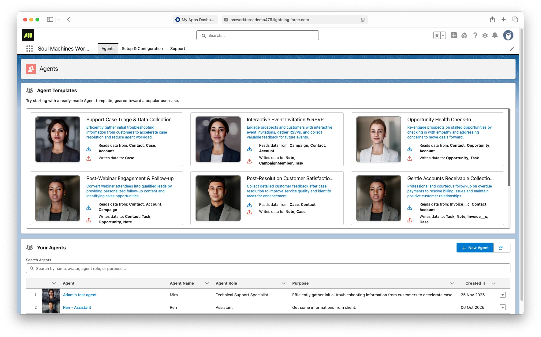 Digital Workforce app inside Salesforce showing agent templates