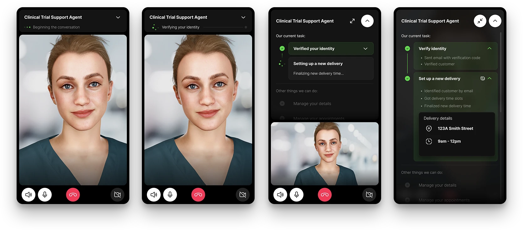 Embodied clinical-trial support agent completing a task across mobile screens